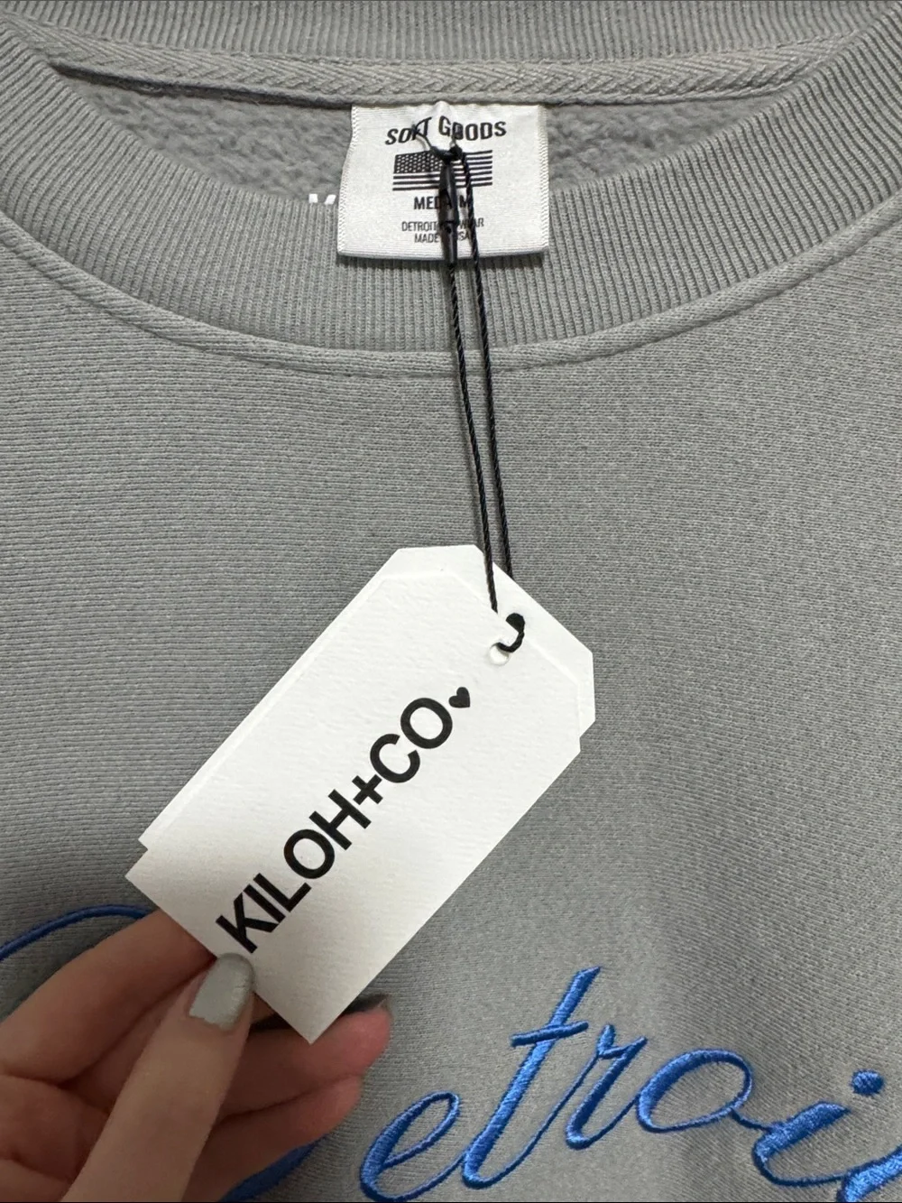 Grey 'Detroit' Embroidered Crewneck Sweatshirt with Blue Script - Picture 6 of 9